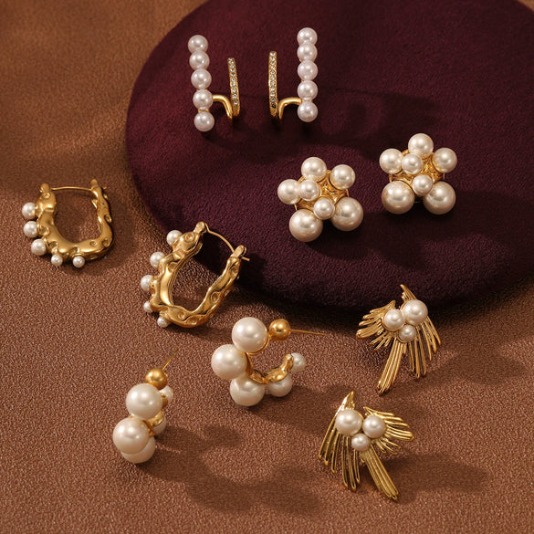 Retro Cshaped Pearl Stainless Steel Earrings For Women With Electroplating Treatment