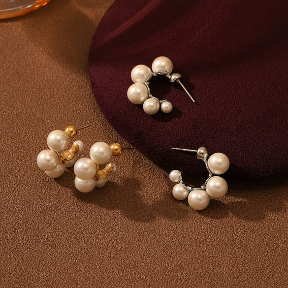 Retro Cshaped Pearl Stainless Steel Earrings For Women With Electroplating Treatment