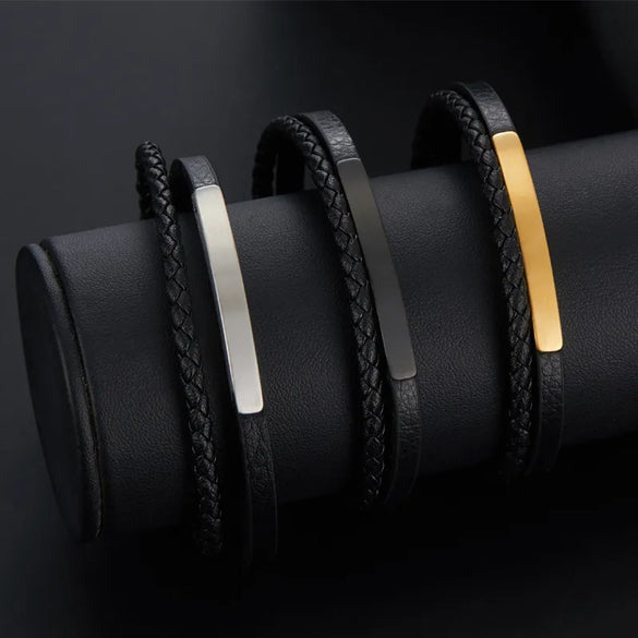 Retro Customization Laser Engraving Solid Color 304 Stainless Steel Pu Leather Braid Men'S Bangle Men Cord & Leather Bracelets