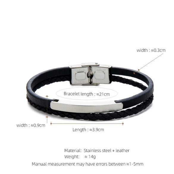 Retro Customization Laser Engraving Solid Color 304 Stainless Steel Pu Leather Braid Men'S Bangle Men Cord & Leather Bracelets