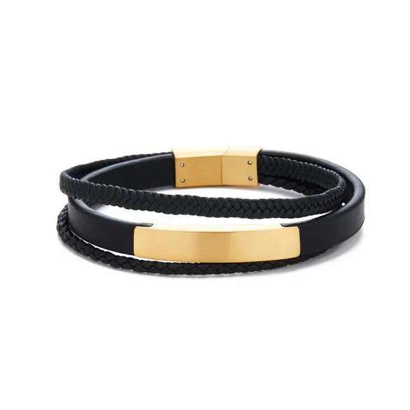 Retro Customization Laser Engraving Solid Color 304 Stainless Steel Pu Leather Men'S Bangle Men Cord & Leather Bracelets