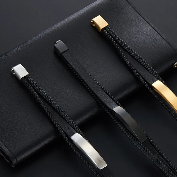 Retro Customization Laser Engraving Solid Color 304 Stainless Steel Pu Leather Men'S Bangle Men Cord & Leather Bracelets