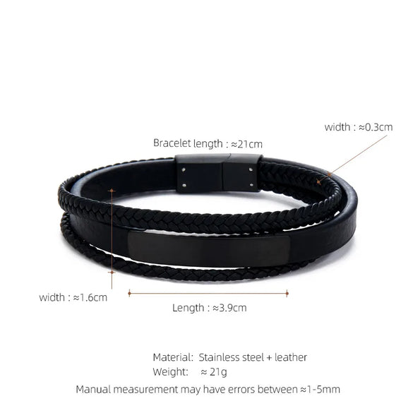 Retro Customization Laser Engraving Solid Color 304 Stainless Steel Pu Leather Men'S Bangle Men Cord & Leather Bracelets