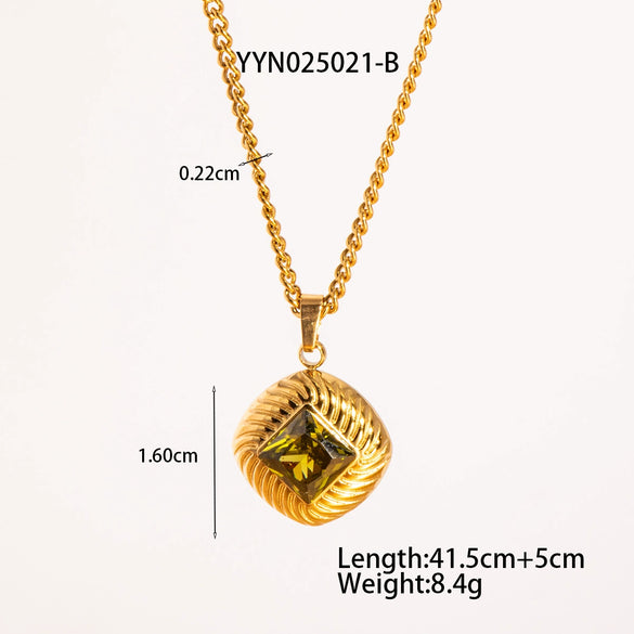 Retro Diamond Twill Zircon Pendant Necklace And Earrings Set For Women Stainless Steel Diamond Shaped Gemstone Pvd Furnace Vacuum Real Gold Plating