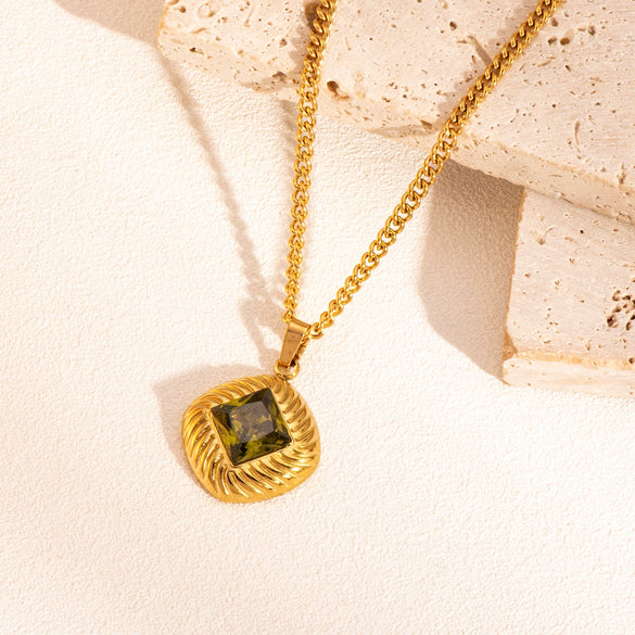 Retro Diamond Twill Zircon Pendant Necklace And Earrings Set For Women Stainless Steel Diamond Shaped Gemstone Pvd Furnace Vacuum Real Gold Plating