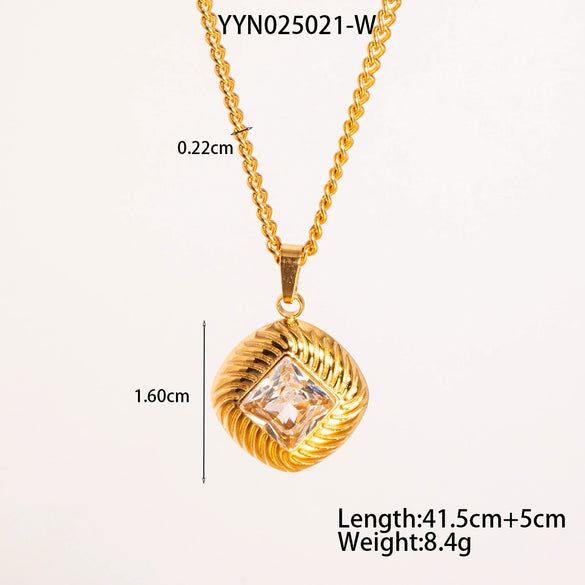 Retro Diamond Twill Zircon Pendant Necklace And Earrings Set For Women Stainless Steel Diamond Shaped Gemstone Pvd Furnace Vacuum Real Gold Plating