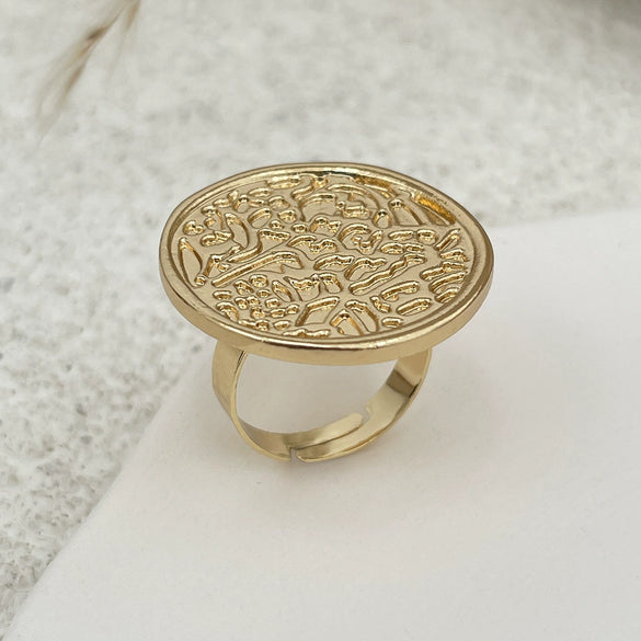Retro Distressed Metal Round Ring With Geometric And Flower Pattern Electroplated