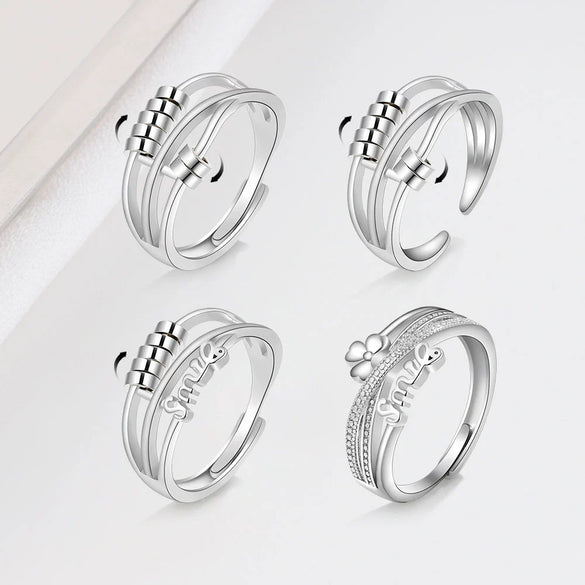 Retro Distressed Sterling Silver Geometric Anxiety Ring For Women Adjustable Open Ring Electroplated Jewelry