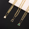 Retro Double Layer Turquoise Necklace With Geometric Square Pendant Stainless Steel Water Wave Chain Electroplated