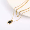 Retro Double Layer Turquoise Necklace With Geometric Square Pendant Stainless Steel Water Wave Chain Electroplated