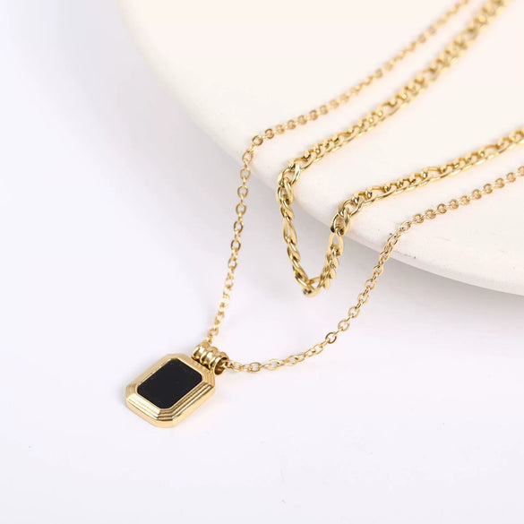 Retro Double Layer Turquoise Necklace With Geometric Square Pendant Stainless Steel Water Wave Chain Electroplated