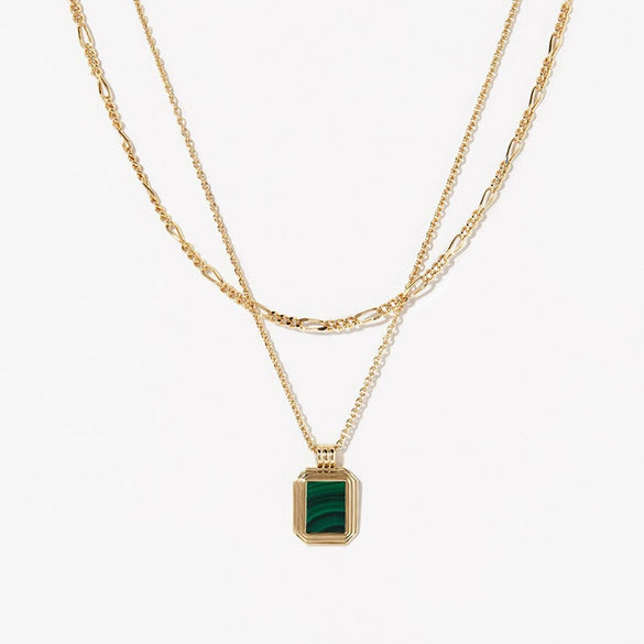 Retro Double Layer Turquoise Necklace With Geometric Square Pendant Stainless Steel Water Wave Chain Electroplated