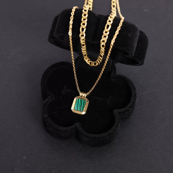 Retro Double Layer Turquoise Necklace With Geometric Square Pendant Stainless Steel Water Wave Chain Electroplated