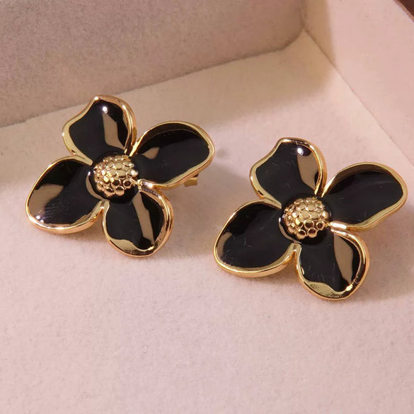 Retro Drip Glaze Palace Style Tulip Petal Floral Titanium Steel Earrings With Electroplating