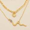 Retro Electroplated Alloy Snake Love Pendant Multilayer Cuban Chain Necklace With Colorful Diamond Detail