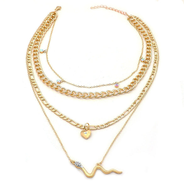 Retro Electroplated Alloy Snake Love Pendant Multilayer Cuban Chain Necklace With Colorful Diamond Detail