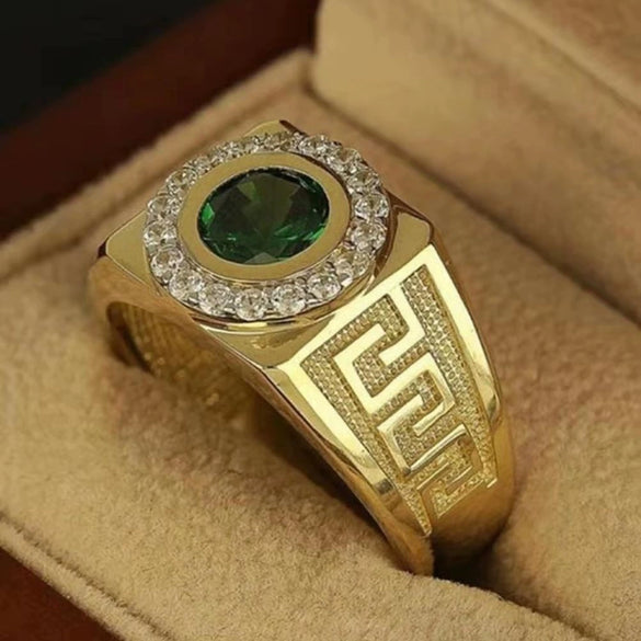 Retro Electroplated Alloy U Shaped Ring With Green Gem And Full Rhinestone Trim Unisex Medieval Style Statement Jewelry