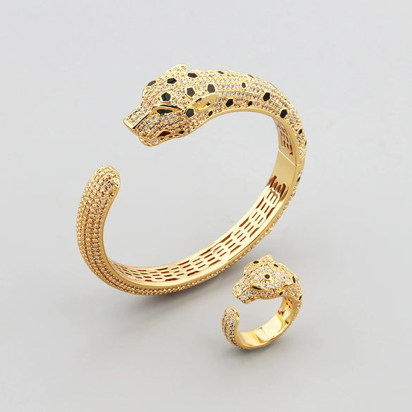 Retro Electroplated Copper Leopard Head Open Bracelet With Full Inlaid Zircon Animal Style Bangle For Women