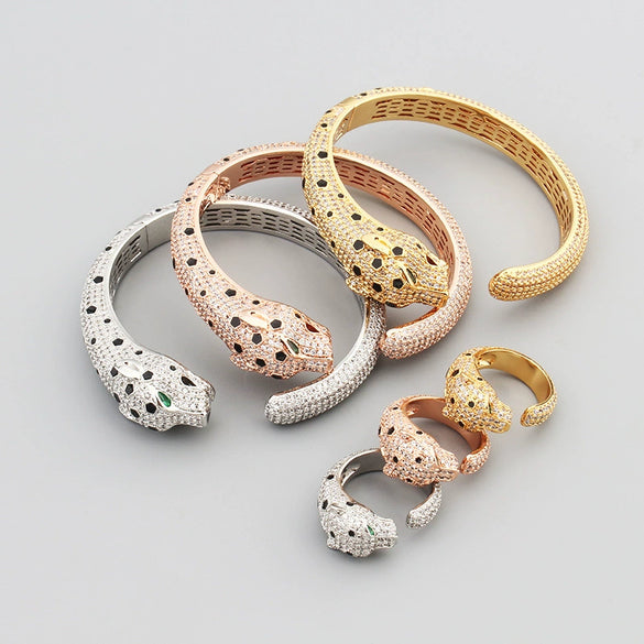 Retro Electroplated Copper Leopard Head Open Bracelet With Full Inlaid Zircon Animal Style Bangle For Women