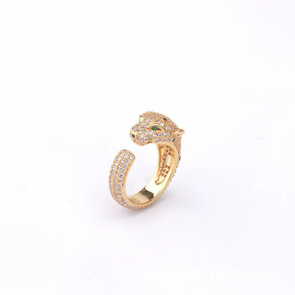 Retro Electroplated Copper Leopard Head Open Bracelet With Full Inlaid Zircon Animal Style Bangle For Women