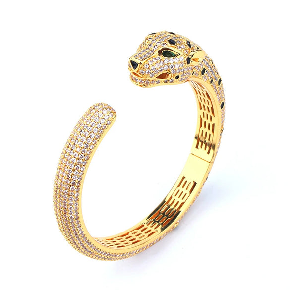 Retro Electroplated Copper Leopard Head Open Bracelet With Full Inlaid Zircon Animal Style Bangle For Women