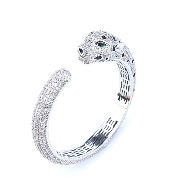 Retro Electroplated Copper Leopard Head Open Bracelet With Full Inlaid Zircon Animal Style Bangle For Women