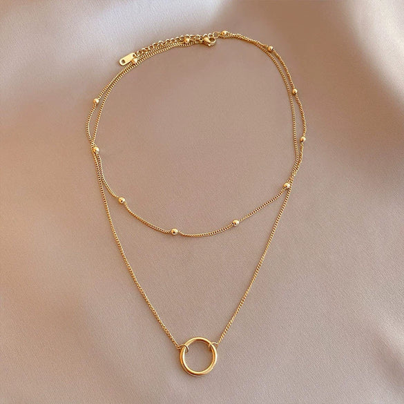 Retro Elegant Chain Multi Layer Clavicle Chain Necklace And Ring For Female Made Of Titanium Steel