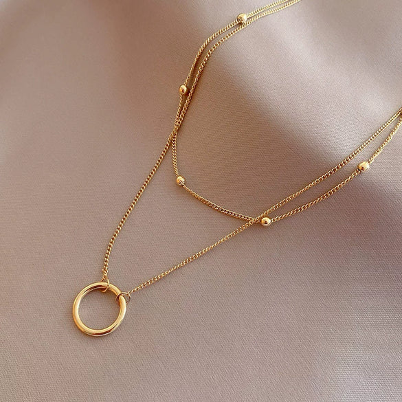Retro Elegant Chain Multi Layer Clavicle Chain Necklace And Ring For Female Made Of Titanium Steel