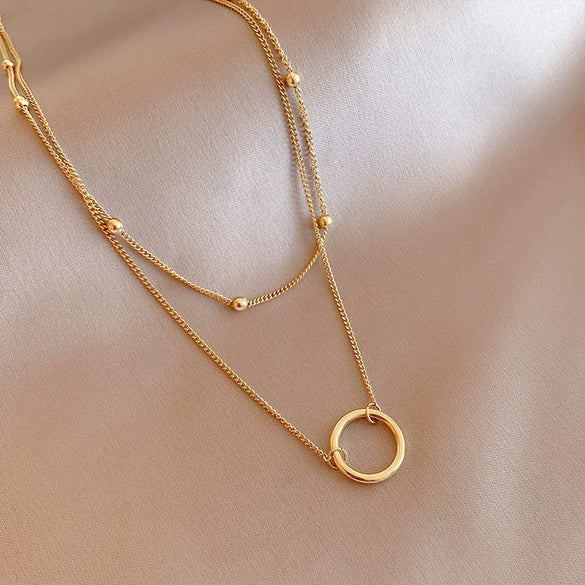 Retro Elegant Chain Multi Layer Clavicle Chain Necklace And Ring For Female Made Of Titanium Steel