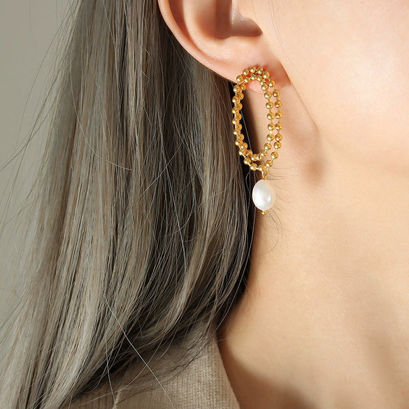 Retro Elegant Geometric Freshwater Pearl And Rice Bead Double Layer Tassel Earrings In Electroplated Titanium Steel For Women