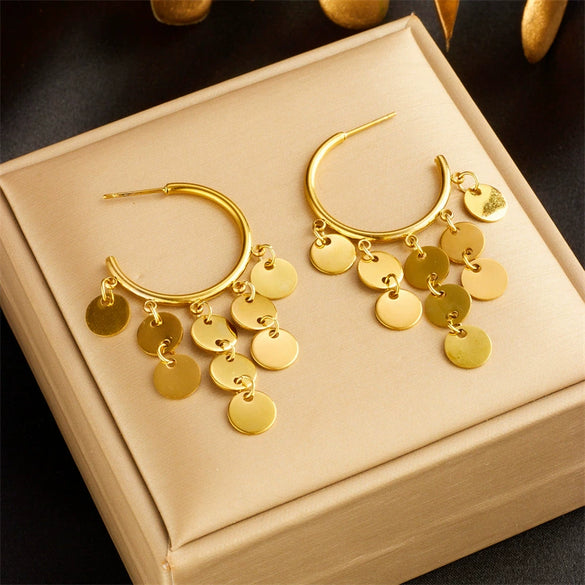 Retro Elegant Golden Round Tassel Pendant Titanium Steel Earrings With Electroplating For Women