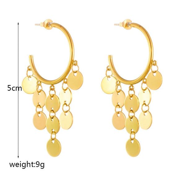 Retro Elegant Golden Round Tassel Pendant Titanium Steel Earrings With Electroplating For Women