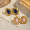Retro Elegant Lapis Lazuli Natural Stone Earrings With Electroplating Geometric Shape High End Titanium Steel And Stainless Steel Accessories For Women