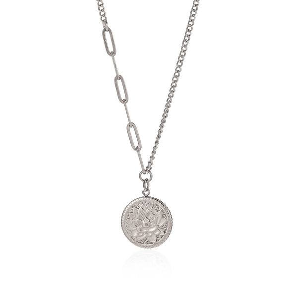 Retro Embossed Lotus Pendant Necklace For Women Gold Plated Geometric Round Pendant With Asymmetrical Titanium Steel Chain