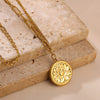 Retro Embossed Lotus Pendant Necklace For Women Gold Plated Geometric Round Pendant With Asymmetrical Titanium Steel Chain