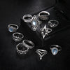 Retro Engraved Starry Gemstone Lotus Starlight Feather Ring 11-Piece Set