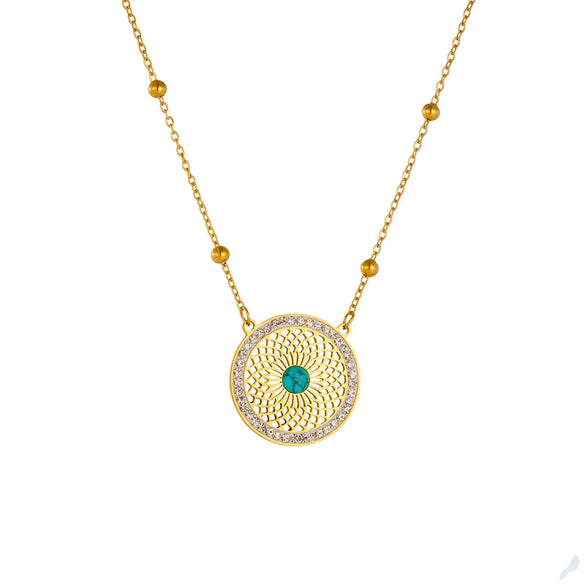 Retro Ethnic Style Hollow Turquoise Inlaid Stainless Steel Earrings Necklace Suit With Electroplating Geometric Style