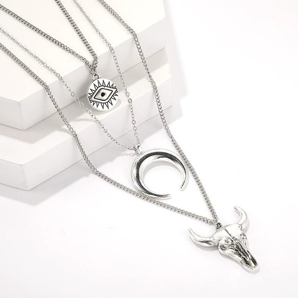 Retro Ethnic Style Multi Layer Alloy Necklace With Moon And Bull Head Pendant For Women Featuring Electroplated Design Geometric Pattern Snake Bone Chain
