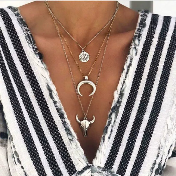 Retro Ethnic Style Multi Layer Alloy Necklace With Moon And Bull Head Pendant For Women Featuring Electroplated Design Geometric Pattern Snake Bone Chain