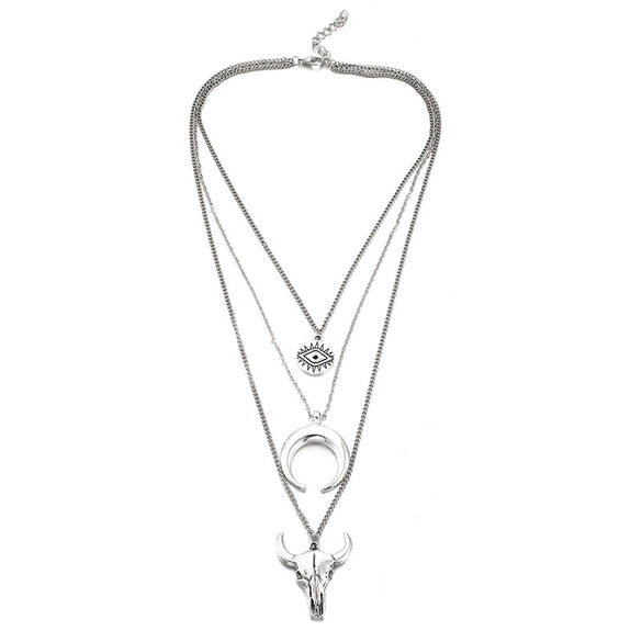 Retro Ethnic Style Multi Layer Alloy Necklace With Moon And Bull Head Pendant For Women Featuring Electroplated Design Geometric Pattern Snake Bone Chain