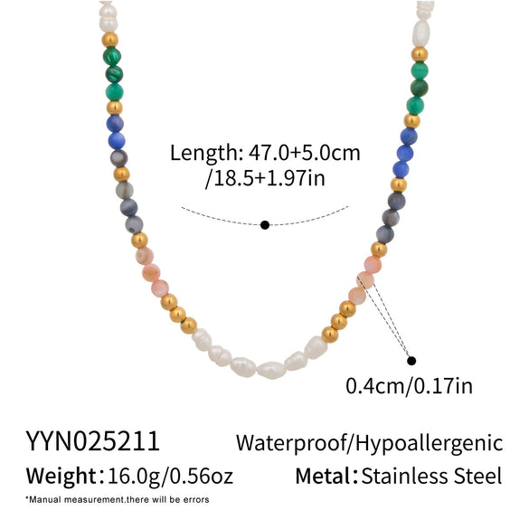 Retro Ethnic Style Natural Stone And Freshwater Pearl Beaded Chain Necklace For Women Made Of Stainless Steel With Electroplating Geometric Shape