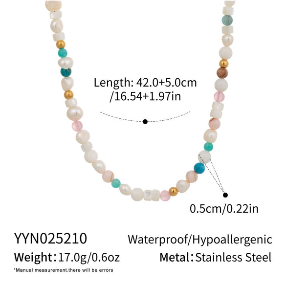 Retro Ethnic Style Natural Stone And Freshwater Pearl Beaded Chain Necklace For Women Made Of Stainless Steel With Electroplating Geometric Shape