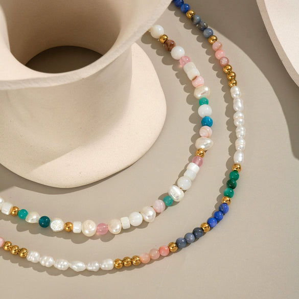 Retro Ethnic Style Natural Stone And Freshwater Pearl Beaded Chain Necklace For Women Made Of Stainless Steel With Electroplating Geometric Shape