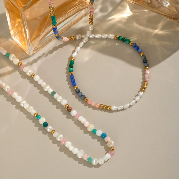 Retro Ethnic Style Natural Stone And Freshwater Pearl Beaded Chain Necklace For Women Made Of Stainless Steel With Electroplating Geometric Shape