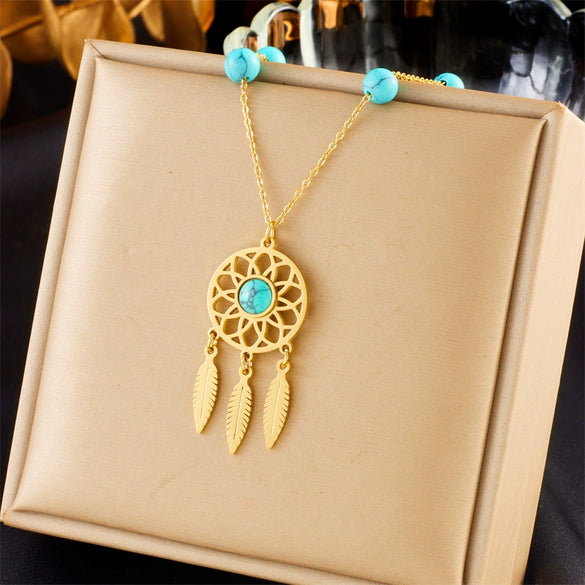 Retro Ethnic Style Turquoise Beaded Dream Catcher Pendant Necklace In Titanium Steel And Stainless Steel With Electroplating For Women