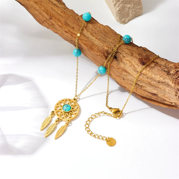 Retro Ethnic Style Turquoise Beaded Dream Catcher Pendant Necklace In Titanium Steel And Stainless Steel With Electroplating For Women