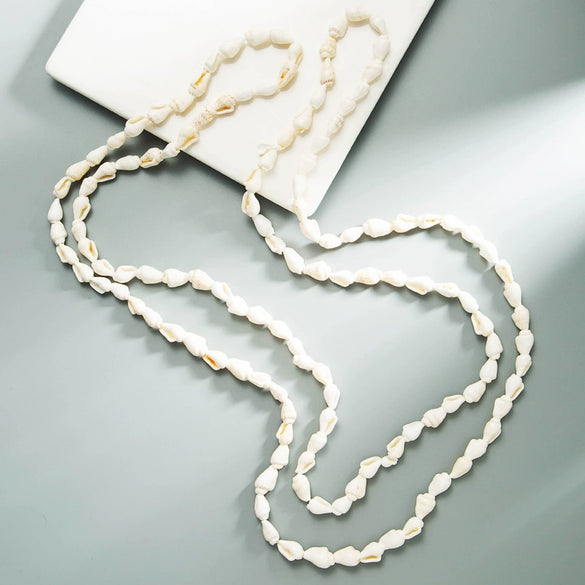 Retro Ethnic Style White Shell Conch Long Necklace With Zircon Pendant Multi Layer Ball Chain Jewelry