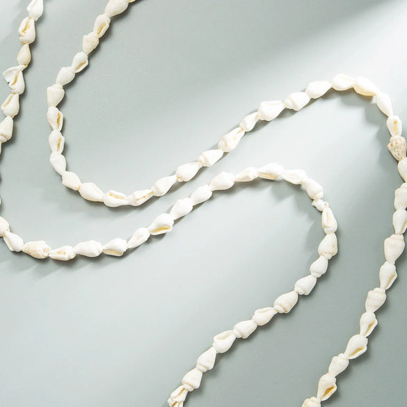 Retro Ethnic Style White Shell Conch Long Necklace With Zircon Pendant Multi Layer Ball Chain Jewelry