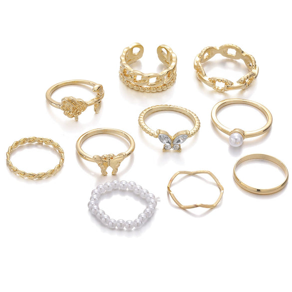 Retro European Style Alloy Ring With Gold Diamond Butterfly Pearl Hollow Geometric Design And Electroplating Treatment
