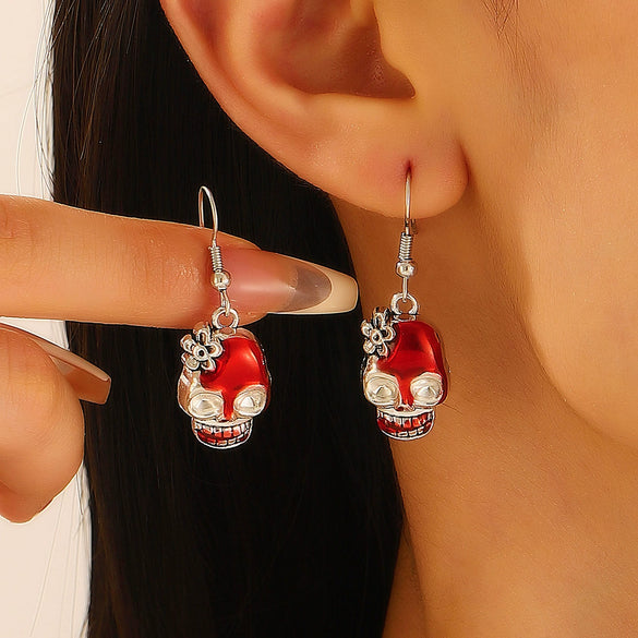Retro Exaggerated Alloy Earrings With Gothic Horror Skull Heart And Geometric Pattern Electroplated
